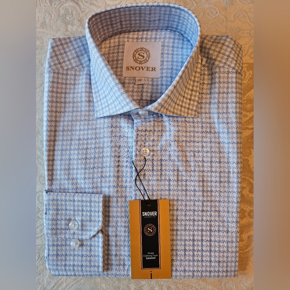 100% Cotton Blue Houndstooth Formal Button Down Shirt, 39 Snover, NWT